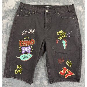 Blac Leaf Mens Black Graphic Denim Short  Patchwork Distressed 36